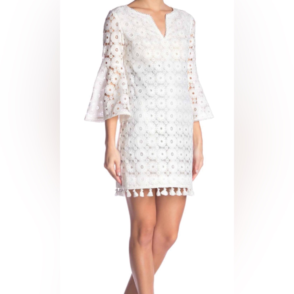 Trina Turk Euc White Lace Loomis Dress V Neck Bell Sleeve Size 10